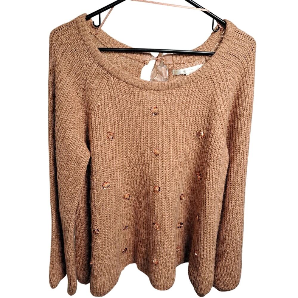 Lauren Conrad Open Knit Sweater WOMENS SIZE L Rose Gold Pink Sequins Bead Tunic